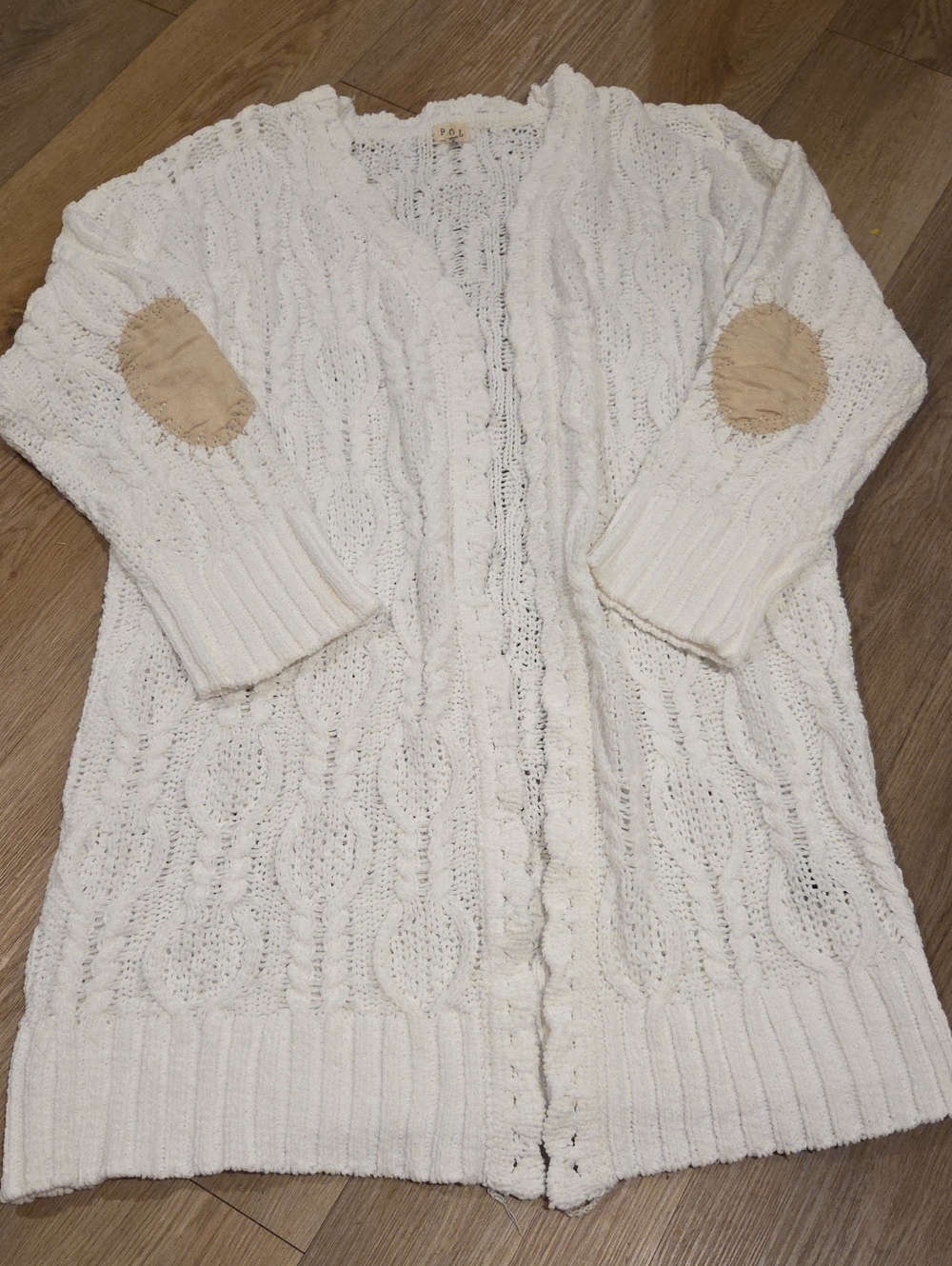 POL White Cable Knit Cardigan with Tan Elbow Patches